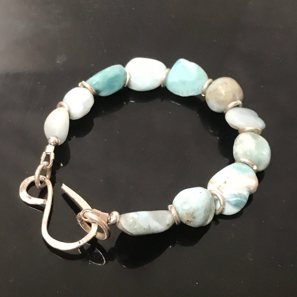 Larimar Nugget Natural Sterling Silver 925 Bracelet Bohemian Rustic Handmade